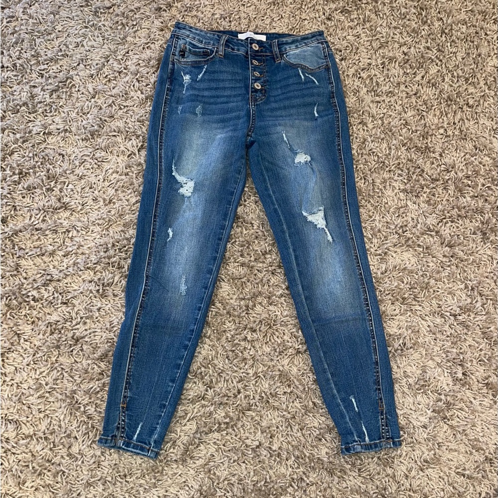 WOMEN'S HIGH RISE BUTTON FLY DISTRESSED SUPER SKINNY JEANS
